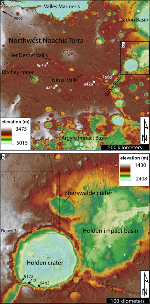 Regional and local context of the study area. (a) Regional context of the study area shown with daytime Thermal Emission Imaging System (THEMIS) data (Christensen et al., 2004; Edwards et al., 2011) with Mars Orbiter Laser Altimeter (MOLA) gridded elevation data (Smith et al., 2001) overlain. Notable geographic features labeled and indicated accordingly. Approximate locations of extracted CRISM spectra from the northwest Noachis Terra plateau labeled with stars and the final four characters of their observation ID (full IDs are listed in Table S1). (b) Same as (a) but for the local context of the Eberswalde crater study area.